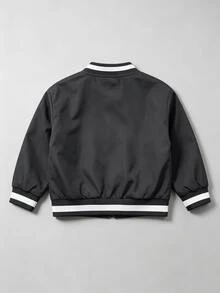 SHEIN 黑色拉鍊棒球夾克，羅紋對比條紋領，NEW YORK 字母印花，梭織薄款面料，春秋款，幼兒 - 黑色 - 查看 2