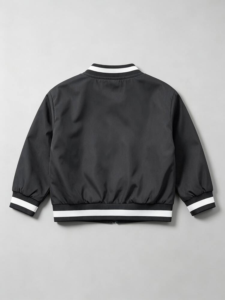 SHEIN Chaqueta de béisbol con cremallera negra, cuello acanalado con rayas de contraste, estampado de letras NEW YORK, tela tejida fina, primavera/otoño, para niños pequeños - Negro - Añade 2