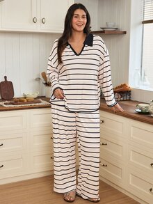 Doze Lane Set Piyama Wanita Ukuran Besar Motif Garis-Garis Bergaris dengan Warna Kontras, Pakaian Santai Kasual - Aprikot - View 1
