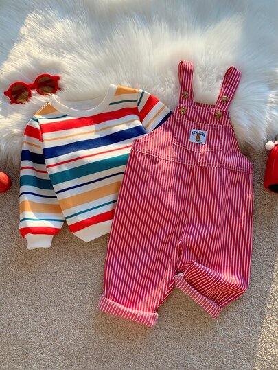 SHEIN Unisex Newborn Baby Boy/Girl, Baby Boy 2pcs Autumn/Winter Fleece Lined Thickened Cute Striped Sweatshirt Set, Romper Set, Halloween, Christmas