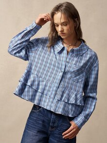Bohemela Women's Plaid Long Sleeve Single-Breasted Pocket Ruffle Hem Casual Shirt - Blue - View 1