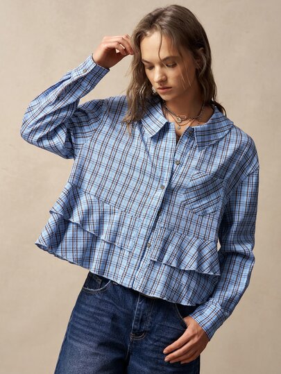 Bohemela Women's Plaid Long Sleeve Single-Breasted Pocket Ruffle Hem Casual Shirt