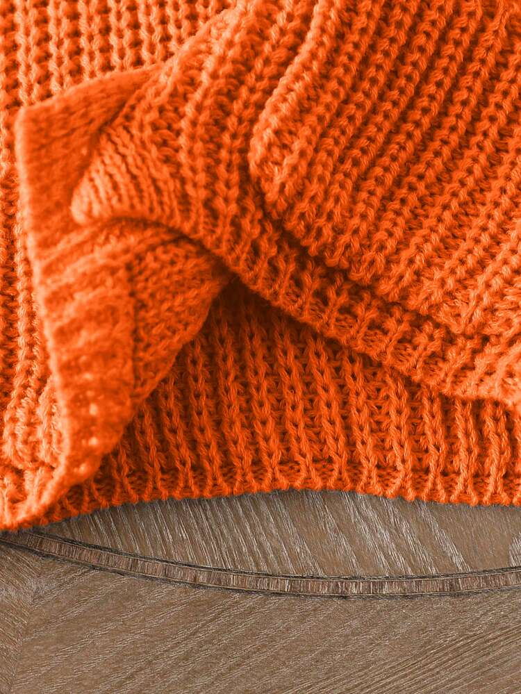 SHEIN 1pc Baby Girls' V-Neck Sweater,Light Beige,Autumn,Cute,Family Matching Knit Cardigan Jacket With Symmetrical Pockets,Ruffle Hem,Ribbed Cuffs,Soft Knit - Orange - View 7