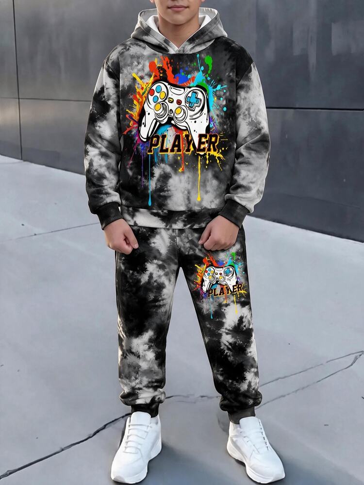 Setelan 2 Potong Sweatshirt Lengan Panjang Minimalis Kasual Nyaman untuk Anak Laki-laki Remaja, Cocok untuk Musim Gugur/Dingin, Motif Tie-Dye Splatter Klasik yang Keren, dan Motif Graffiti Pengontrol Game Berwarna-warni yang Bergaya. - MultiWarna - View 1