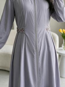 Al Najma Women's Round Neck Long Sleeve Zipper Placket Waist Faux Pearl Decor Arabian Dress - Purple - View 6