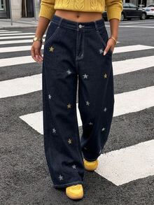Dazy Tall Women's Star Decor Street Casual Straight Leg Jeans - Dark Wash - View 5