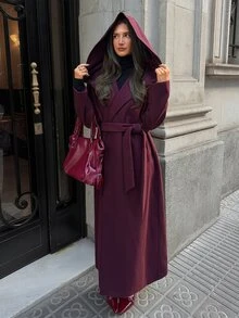 Aloruh Mantel Wanita Elegan untuk Perjalanan Kerja, Warna Polos, Minimalis, Gaya Klasik, Jaket Panjang Sedang Berkerudung Warna Burgundy, Musim Gugur/Dingin - Burgundy - View 8