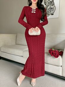 Feyla Women's Vintage Fashion Frog Button Sweater Dress - Burgundy - View 4