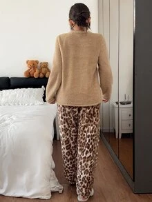 Napfluff Women's Casual Leopard Print Coral Fleece Thick Plush Pajama Set - Multicolor - View 2