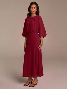 COSMINA Damen Lässig Romantisch Sexy Elegant Hellblau Chiffon Maxikleid Raffiniert Pendler Outfit Ausflug Party Braut Vorbereitung Hochzeit Herbst - Bordeaux - Übersicht 6