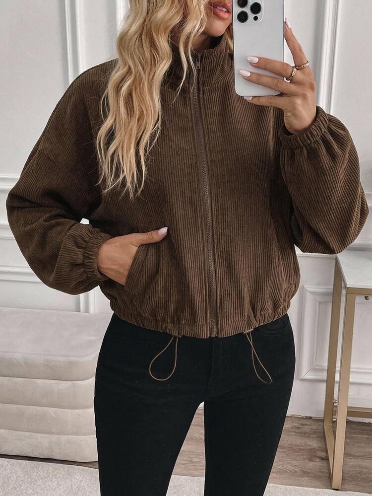 Easowa Women's Casual Ribbed Corduroy Zip-Up Sweatshirt Jacket, Brown, Autumn/Winter Outfit For Outings,Social,Going Out Tops ,Women Fall Winter Jacket - Pink - View 6