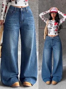 SHEIN Celana Jeans Anak Perempuan Gaya Kasual Y2K Biru Longgar dan Nyaman, Sederhana dan Mendasar - Biru - View 3