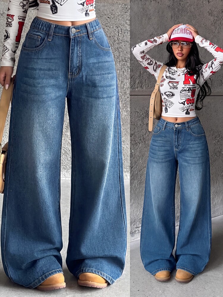 SHEIN 青少年女孩時尚休閒 Y2K 藍色寬鬆舒適基礎簡約牛仔褲 - 藍色 - 查看 3