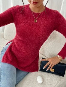 SHEIN Frenchy 女款奶油色休閒優雅純色圓領長袖側開衩修身保暖刷毛T恤 秋冬上衣 早午餐 辦公室 聖誕紅 - 玫瑰紅 - 查看 5