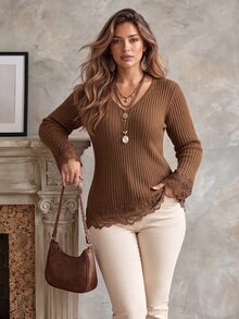 Ceyna Plus Size Solid Color Vertical Rib V-Neck Knit Top, Women's Long Sleeve Floral Lace Cuff Hem Fitted Casual Elegant Sweater, Fall Thanksgiving - Brown - View 3