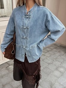 DAZY Deep Blue Stand Collar Single-Breasted Metal Button Loose Drop Shoulder Long Sleeve Casual Versatile Denim Jacket - Blue - View 3