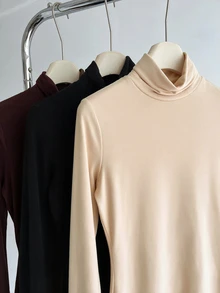SHEIN BASICS Women's Solid Color Long-Sleeve Mock Neck Casual T-Shirts (3-Pack) - Multicolor - View 6