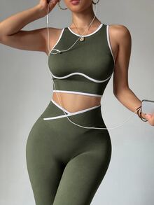 Dewbera Dewbera 女款拼色上衣與緊身褲休閒日常運動套裝 - 橄欖綠 - 查看 7