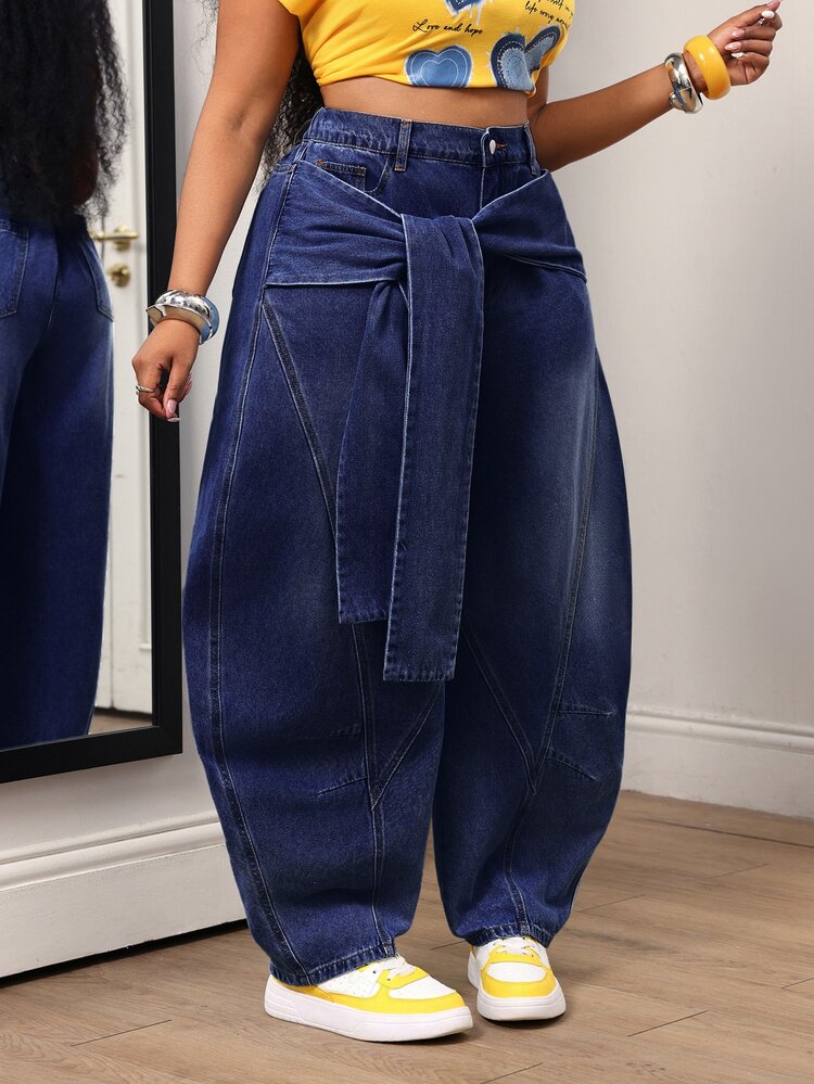 Slaydiva Plus Size Women's Waist Knot Curved Leg Wide Leg Casual Denim Jeans - Blue - View 4