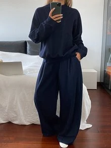 DAZY Women's Solid Color Long Sleeve Top And Long Pants Casual Daily Denim Set - Dark Wash - View 5
