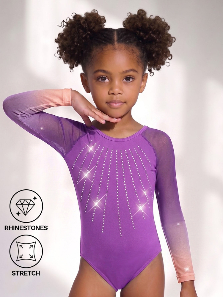 Young Girls Fitted Gradient Mesh Long Sleeve Gymnastics Leotard Rhinestone High Elasticity Fitness Dance Yoga Jumpsuit 7th Birthday Baby Purple Winter - Purple - View 3