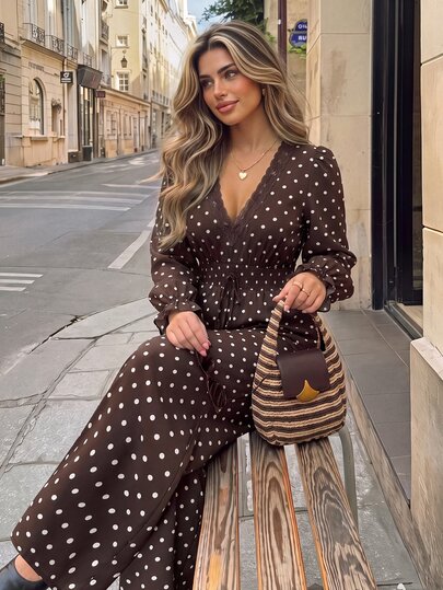 Vionelle Plus Size Women's Shirred Lace Trim Long Sleeve Polka Dot French Waist Shirred Jumpsuit