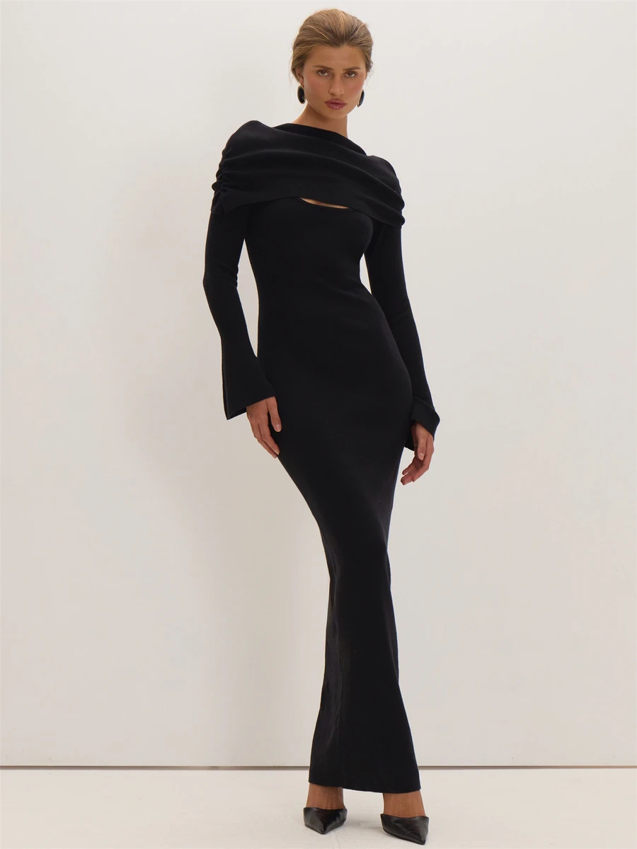 MUSEYN Black Soft Long Sleeve Cape Overlay Maxi Dress Versatile Everyday Casual Chic New Season Fall - Black - View 1
