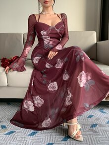 DAZY Women's Floral Print Sweetheart Neck Halter Flared Sleeve Elegant Dress - Burgundy - View 3