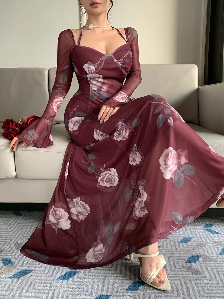 DAZY Women's Floral Print Sweetheart Neck Halter Flared Sleeve Elegant Dress - Burgundy - View 1