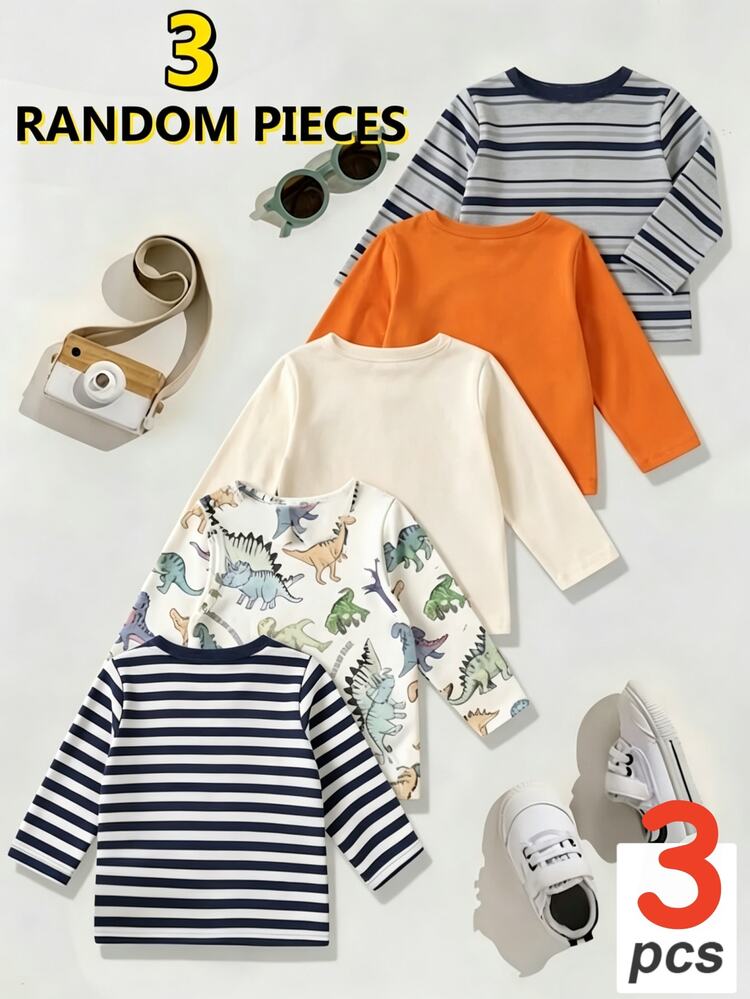 3 RANDOM PCS Baby Boys' Daily Casual, Versatile, Soft-Printed Long-Sleeve Tops In US Autumn Style, Suitable For Autumn And Winter, Festivals, Gifts - Multicolor - View 5