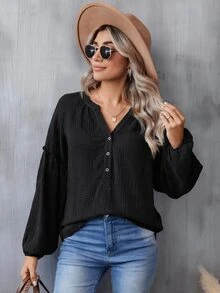 SHEIN LUNE 缺口領燈籠袖休閒襯衫 - 黑色 - 查看 4