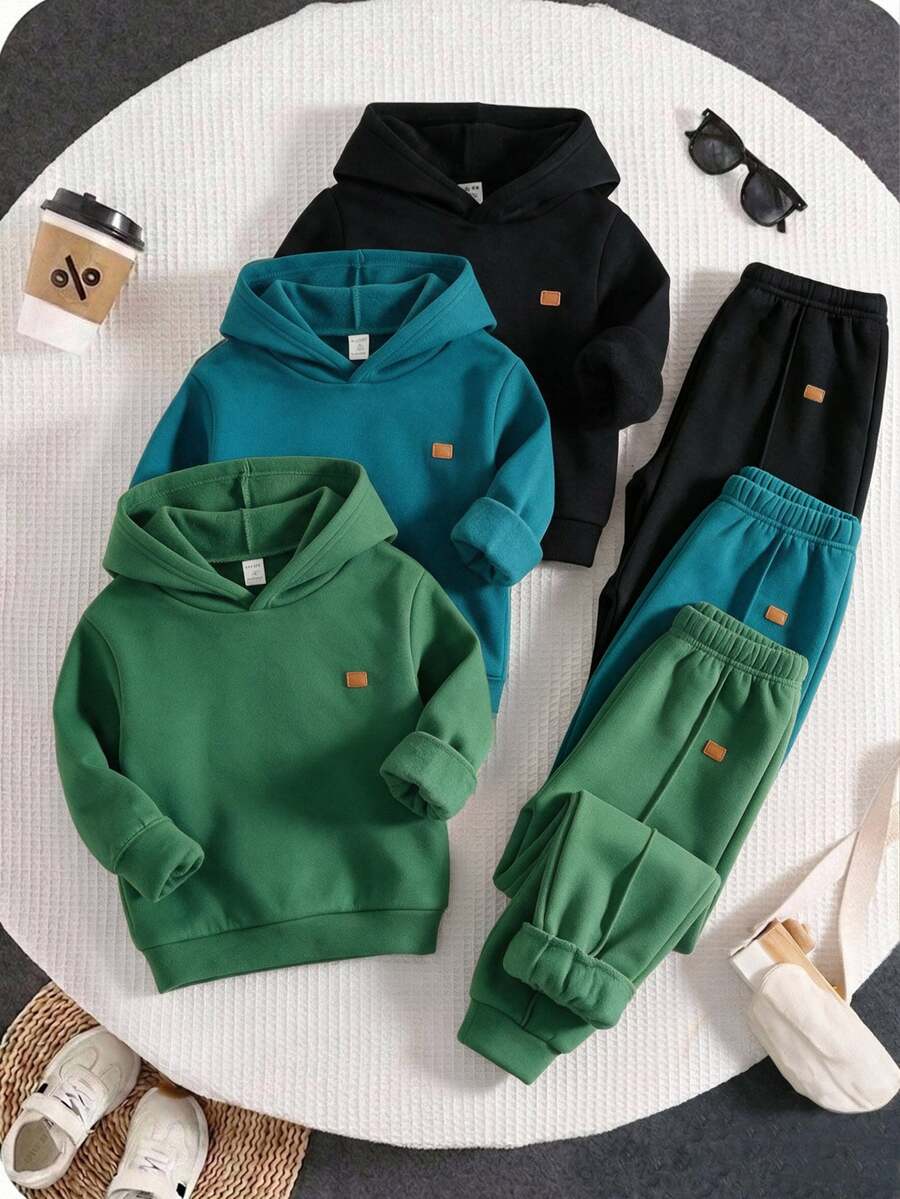 SHEIN 兒童 3件組 男孩女孩適用 可愛秋冬休閒百搭純色鬆緊腰長褲,男孩百搭長褲多件裝 - 彩色 - 查看 1