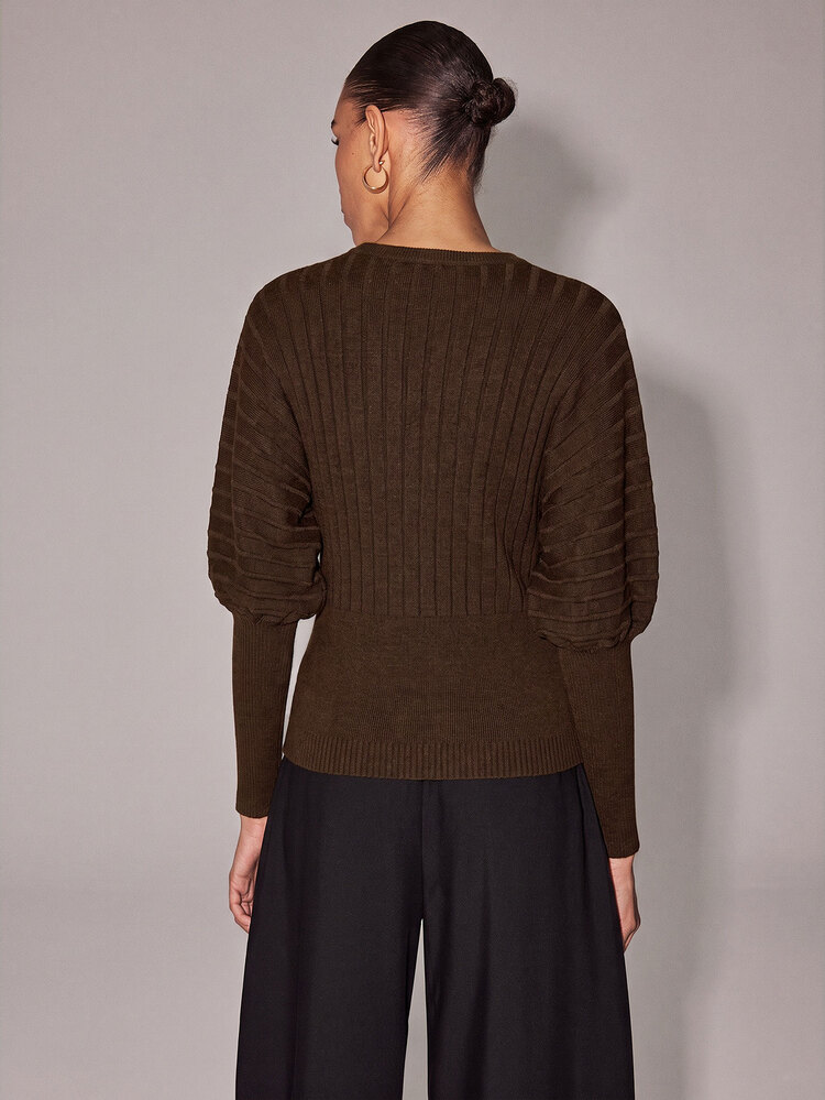 Anewsta Essential Women Klein Blue Ribbed Batwing Sleeve Cropped Knit Cardigan, Single-Breasted Casual Commute Vintage Short Outerwear Top For Spring And Autumn - Brown - View 5