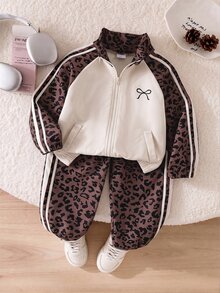 SHEIN Genkimix Kids 2件組少女夾克褲套裝，可愛甜美粉色豹紋蝴蝶結長袖立領常規款，適合生日派對秋季穿著 - 棕色 - 查看 1
