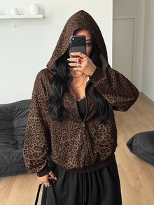 Coolane 女款秋冬外出派對電音節性感街頭風 Y2K 時尚棕色豹紋拉鍊連帽寬鬆口袋衛衣 秋季服飾 - 棕色 - 查看 6