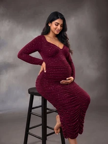 Cheriluna Maternity فستان حفلة أنيق للحوامل بمقاسات كبيرة، أكمام طويلة وياقة ماسية مع تصميم الكوب، فستان بورغندي ضيق مع تجاعيد - عنابي اللون - مشاهدة 6