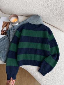 SHEIN 1件女童毛衣，時尚經典拼色白色，極簡街頭風百搭圓領休閒寬鬆款，適中厚度，秋冬穿著 - 彩色 - 查看 3