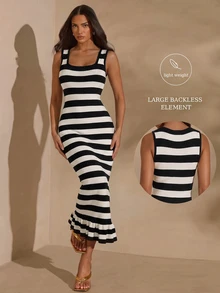 SHEIN Glamour Women's Striped Square Neck Sleeveless Fitted Elegant Knit Dress - Multicolor - View 2