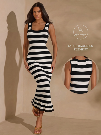 SHEIN Glamour Women's Striped Square Neck Sleeveless Fitted Elegant Knit Dress