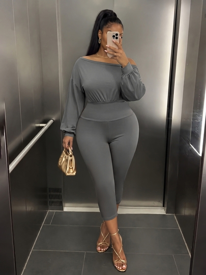 Poshavie Poshavie Plus Size OffShoulder Long Sleeve Jumpsuit, Elegant Casual High Waist Skinny Capri Jumpsuit For Women Daily Wear