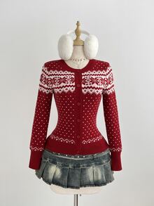 Elamini Women's Casual Versatile Christmas Jacquard Knit Cardigan Sweater For Daily Wear, Autumn/Winter - Red - View 4