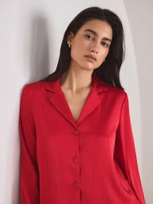 Ocili طقم بيجامة نسائي من الساتان بخيوط ذهبية لامعة، مريح، بياقة، أكمام طويلة وبنطال طويل - عنابي اللون - مشاهدة 6