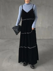 FRIFUL Gaun Pesta Kasual Wanita dengan Motif Blok Warna dan Tali Bahu Tipis - Hitam - View 5