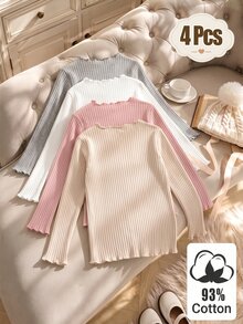 4Pcs Girls Autumn/Winter Cotton Ribbed Solid Color Ruffle Long Sleeve Tops, Cute T-Shirt Undershirts Spring/Autumn, Versatile Fashion Tops Suitable For School, Vacation, Daily Wear - Multicolor - View 2