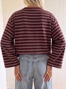 SHEIN EZwear 海外長袖酒紅條紋襯衫，秋季上衣，適合日常通勤、聚會、秋冬春夏、聖誕節、新年、感恩節、派對、婚禮、海灘、畢業典禮、優雅、外出、約會、通勤、情人節、優雅、度假、Y2K、畢業典禮及其他場合 - 彩色 - 查看 2