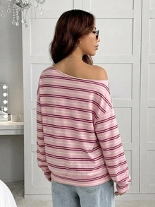 SHEIN EZwear 女款寬鬆不對稱肩粉色與棕色條紋運動衫，學院風返校季，休閒極簡運動街頭風，百搭派對聚會機場穿搭 Y2K 上衣，女款秋季服飾，秋季穿搭，女款通勤穿搭，百搭上衣，外出穿搭，機場穿搭 - 彩色 - 查看 2