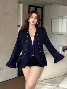Vibekara Vintage Stand Collar Double-Breasted Short Jacket For Women, Flared Long Sleeve Asymmetrical Ruffle Hem Cinched Waist Sexy Jacket Fall - Navy Blue - View 6