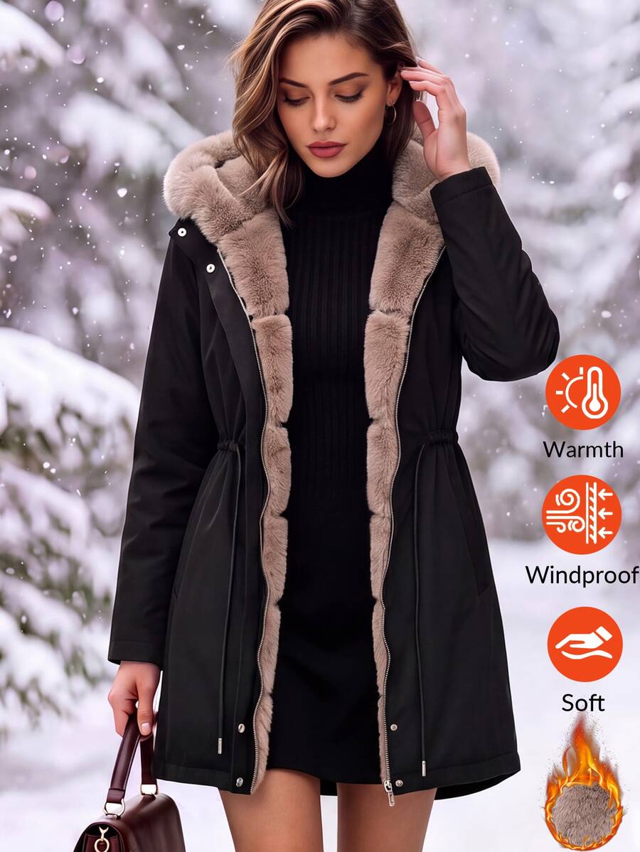 Editum Women's Solid Color Long Sleeve Zipper Front Thermal Lined Hooded Winter Jacket - Black - View 1