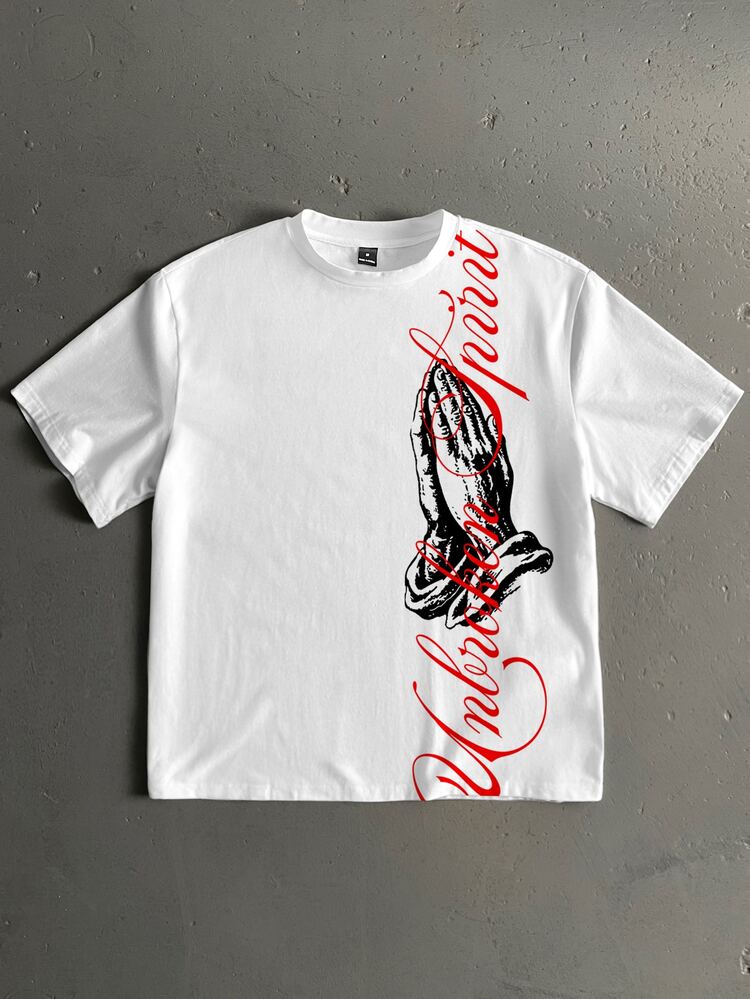 StoneGrade American Vintage Virgin Mary Praying Hands Vertical Red Cursive English Font Fashion Print Men's Pure Cotton Standard Size Drop Shoulder Loose Fit Short Sleeve T-Shirt - Multicolor - View 1