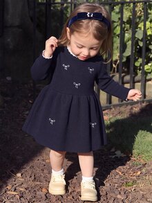 Baby Girl Embroidered Fashion Long Sleeve Sweater Dress For Outings - Navy Blue - View 1